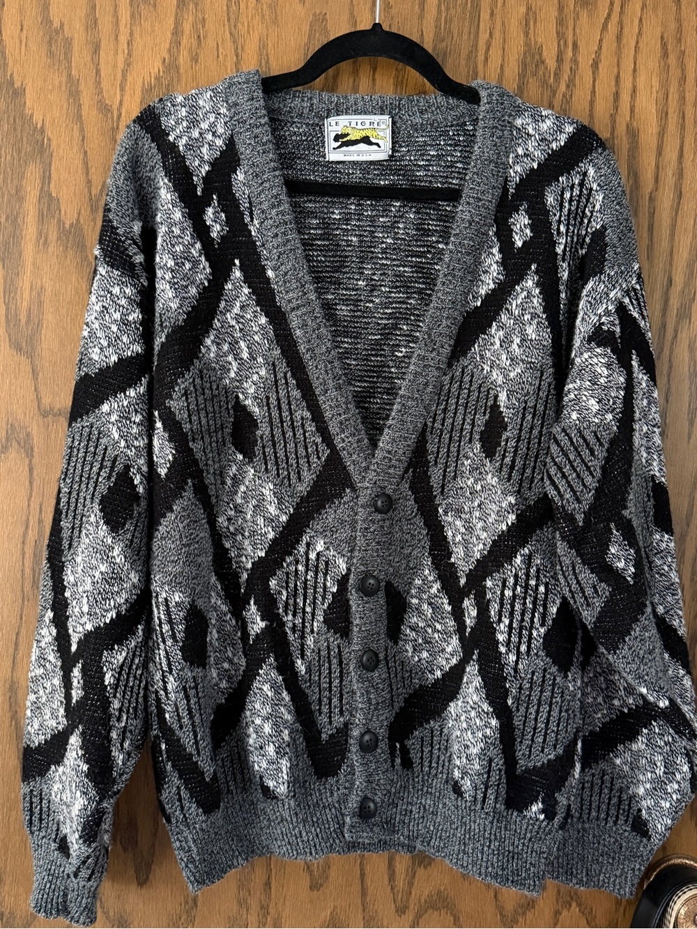 Vintage Le Tigre Women's Sz L Gray Black Geometric Button Cardigan Made in USA